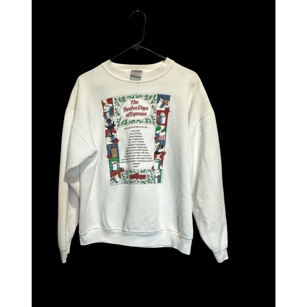 Vintage Oneita Christmas "Twelve Days of Espresso" Crewneck 1993 White Sz XL
